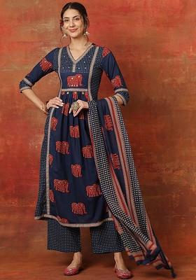 Blue Printed Blended Kurta Set