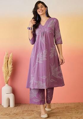 Purple Printed Blended Kurta Set