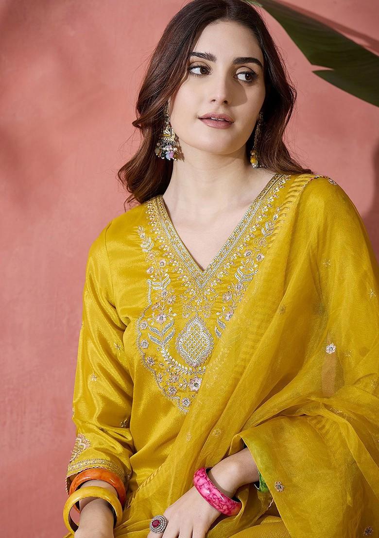 Yellow Embroidered Blended Kurta Set - Indya