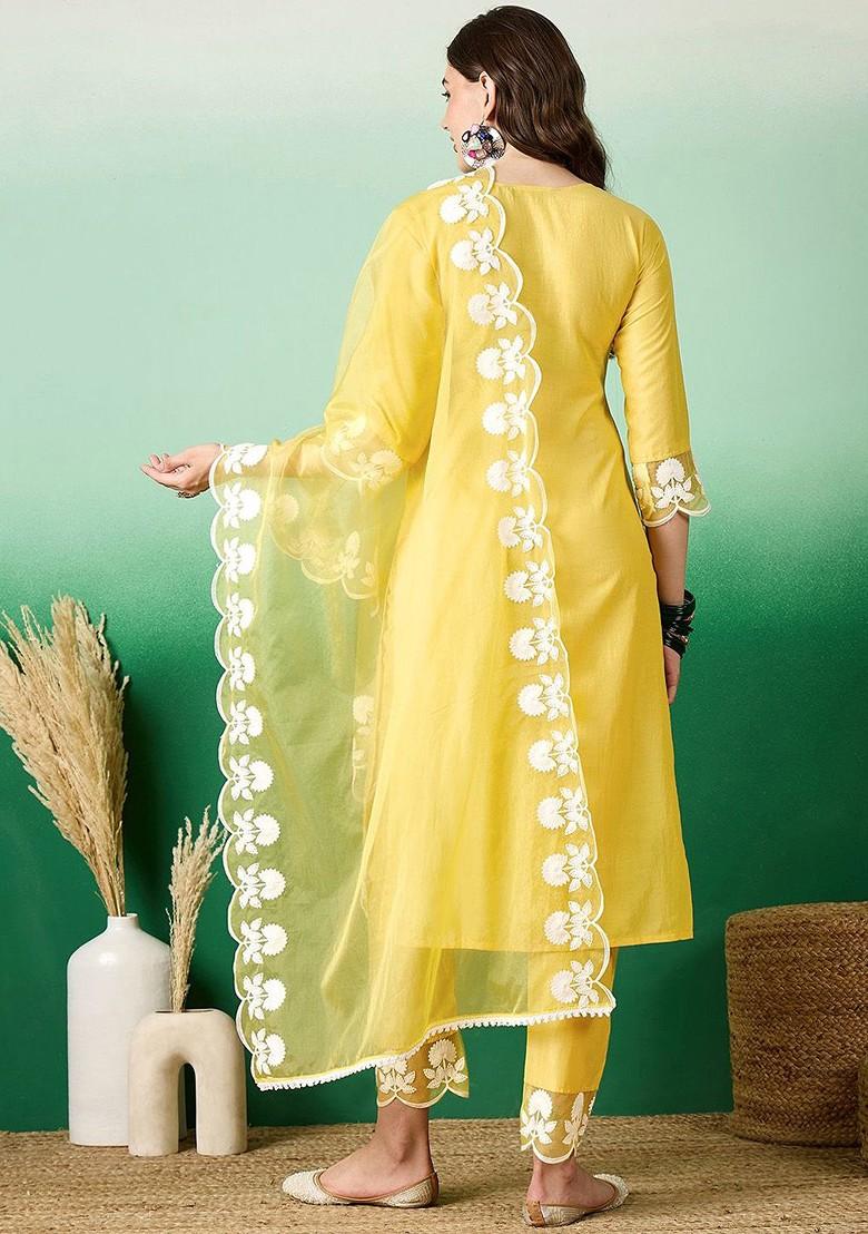 Yellow Embroidered Blended Kurta Set - Indya