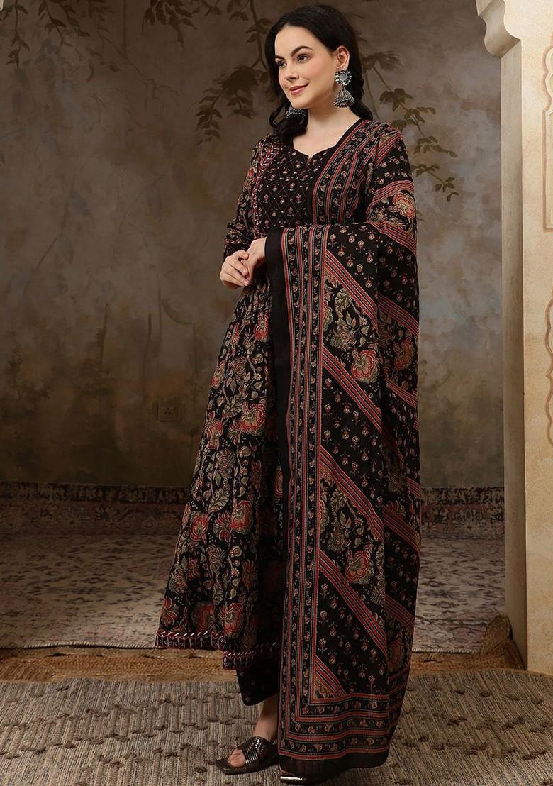 Black Printed Blended Kurta Set - Indya