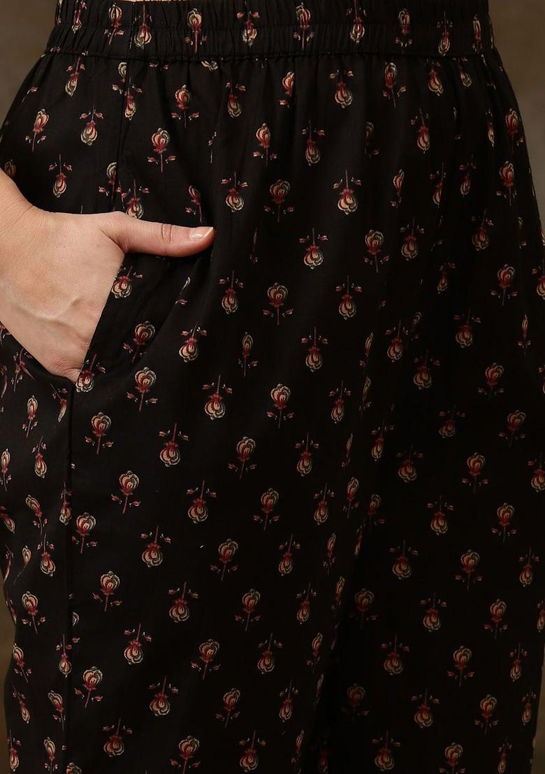 Black Printed Blended Kurta Set - Indya