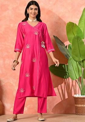 Magenta Embroidered Blended Kurta Set