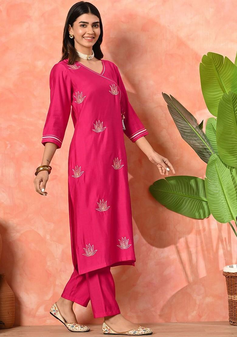 Magenta Embroidered Blended Kurta Set - Indya