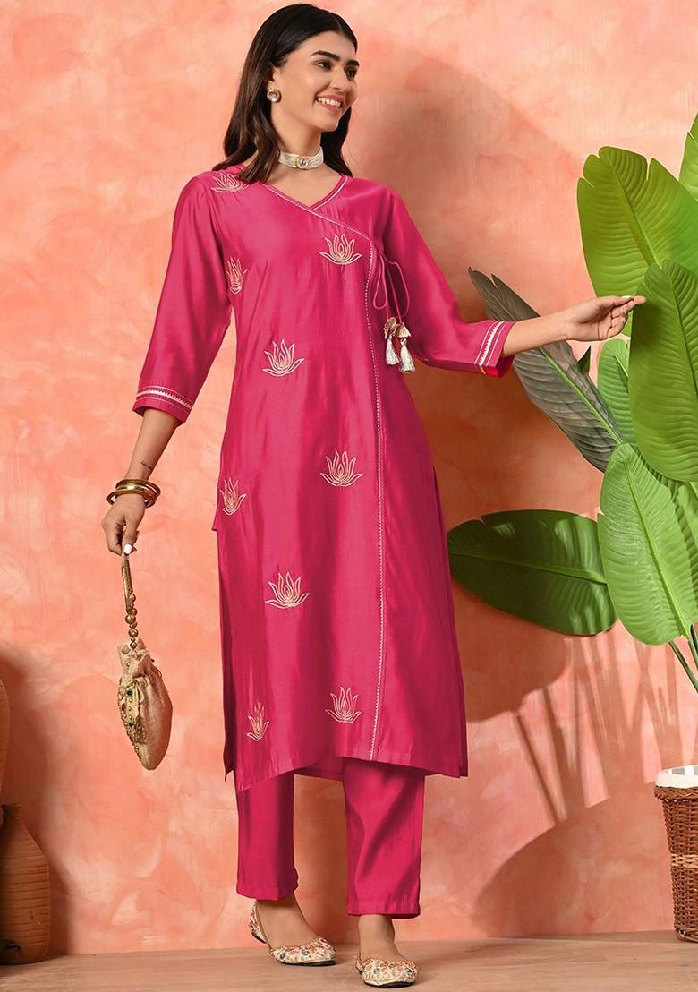 Magenta Embroidered Blended Kurta Set - Indya