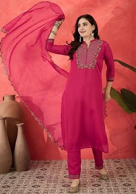 Pink Embroidered Blended Kurta Set