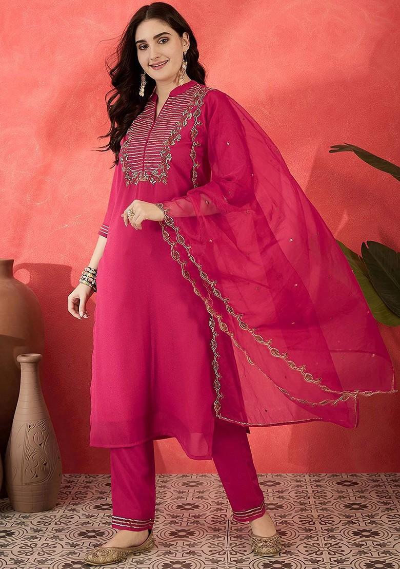 Pink Embroidered Blended Kurta Set - Indya