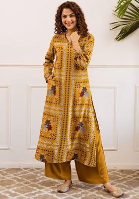Yellow Printed Blended Kurta Set