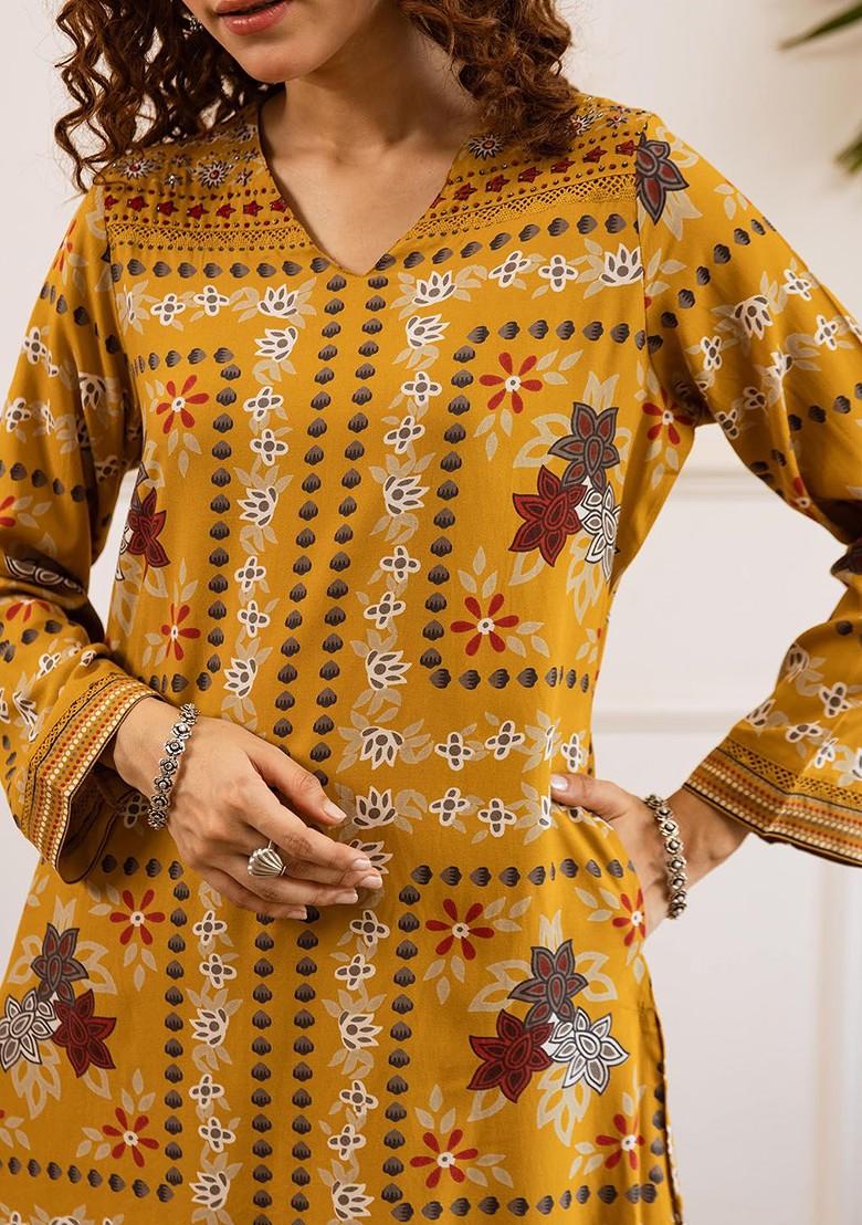 Yellow Printed Blended Kurta Set - Indya