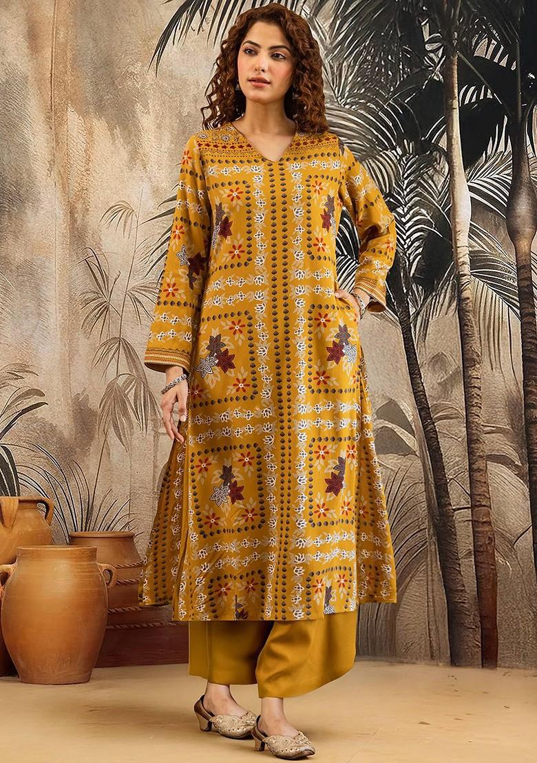 Yellow Printed Blended Kurta Set - Indya