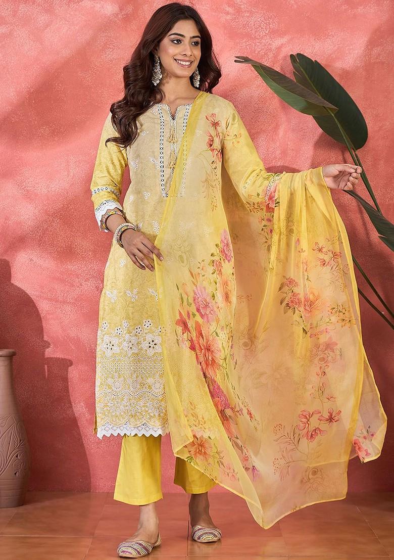 Yellow Embroidered Blended Kurta Set - Indya