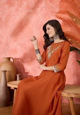 Orange Embroidered Blended Kurta Set