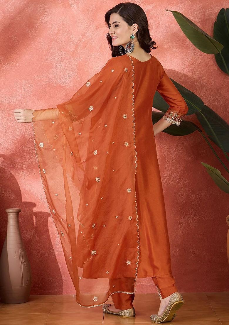 Orange Embroidered Blended Kurta Set - Indya
