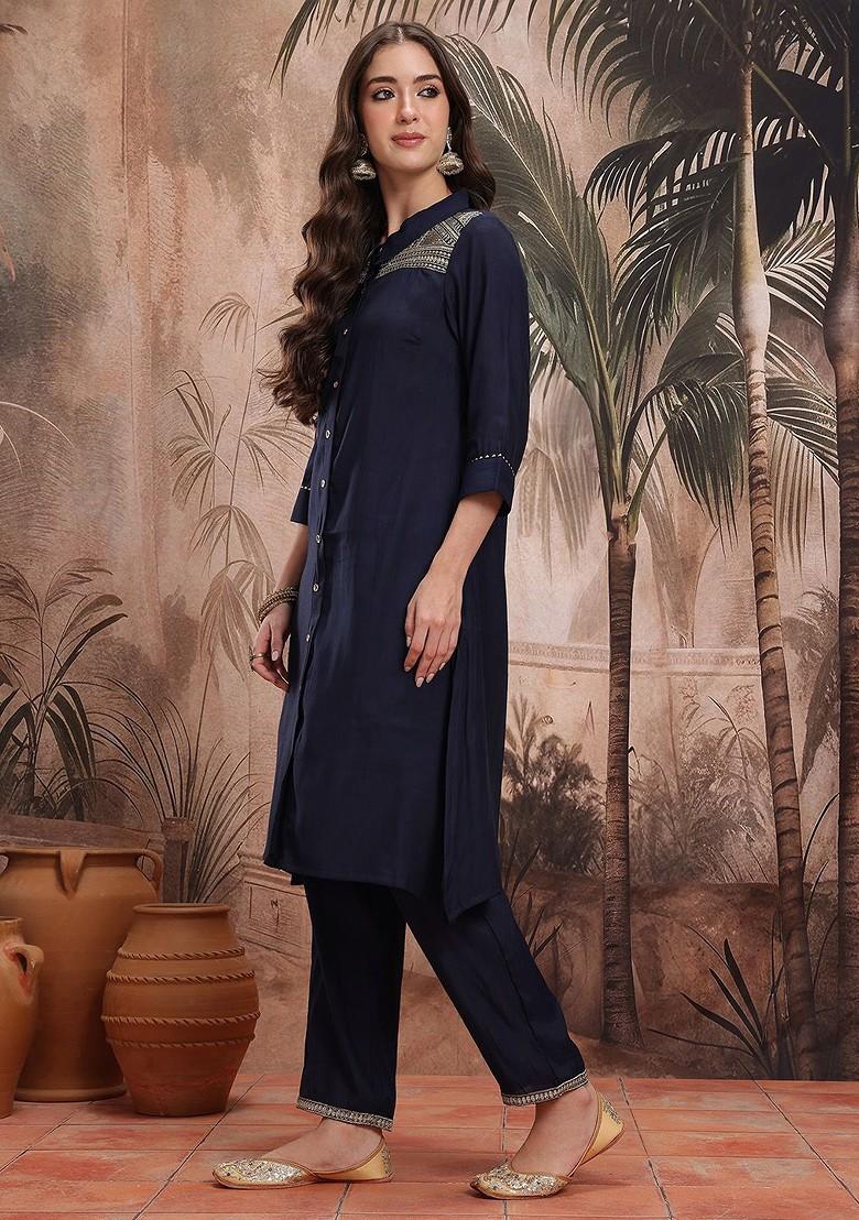 Navy Blue Sequinned Blended Kurta Set - Indya