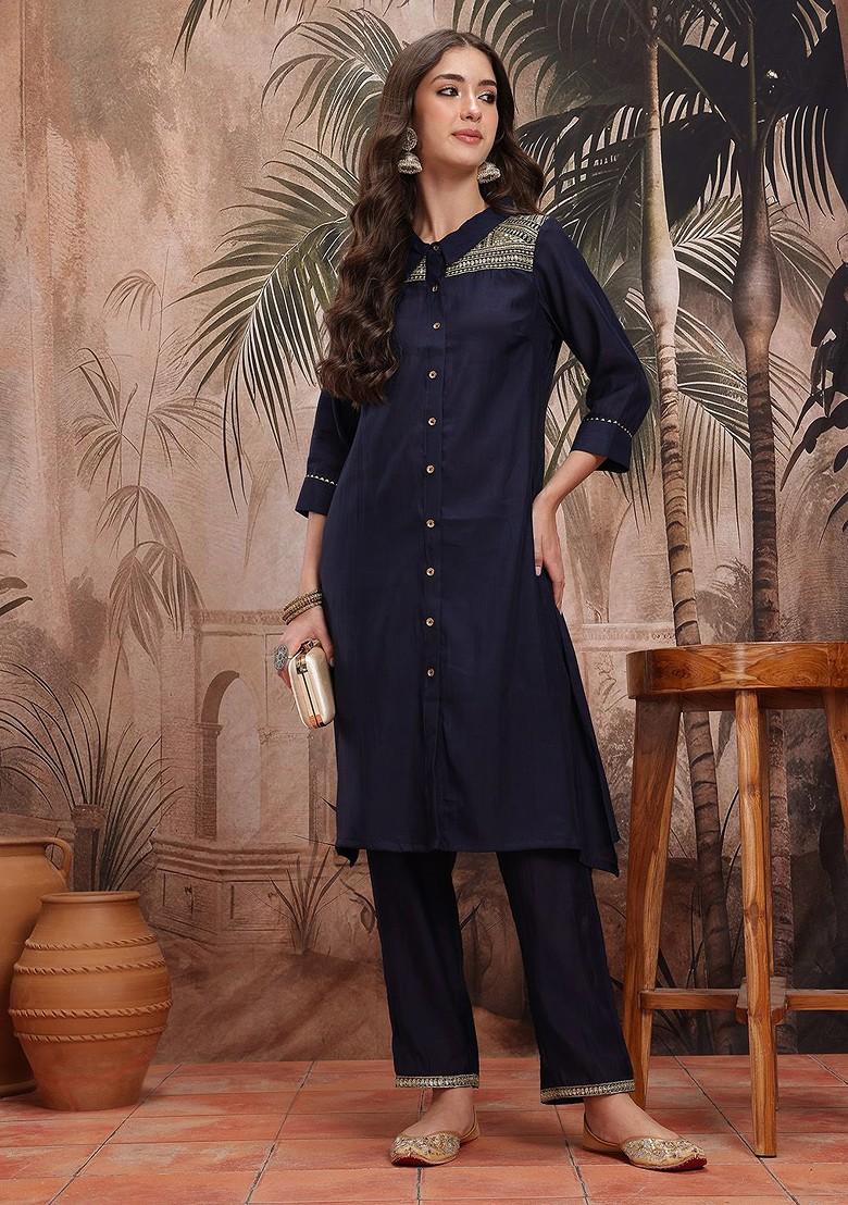 Navy Blue Sequinned Blended Kurta Set - Indya