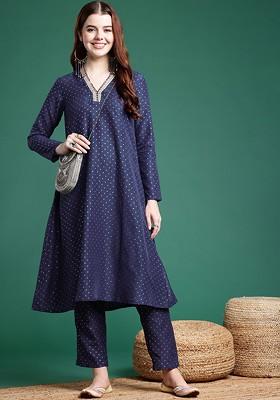 Navy Blue Printed Blended Kurta Set