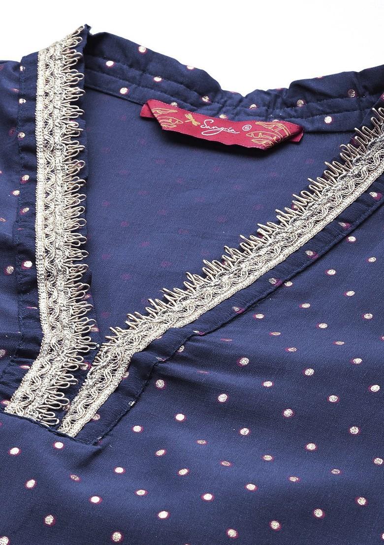 Navy Blue Printed Blended Kurta Set - Indya