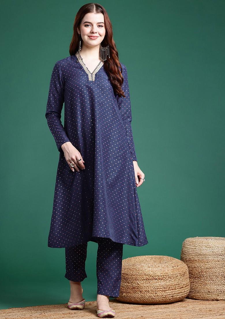 Navy Blue Printed Blended Kurta Set - Indya