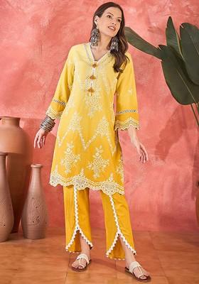 Yellow Embroidered Blended Kurta Set