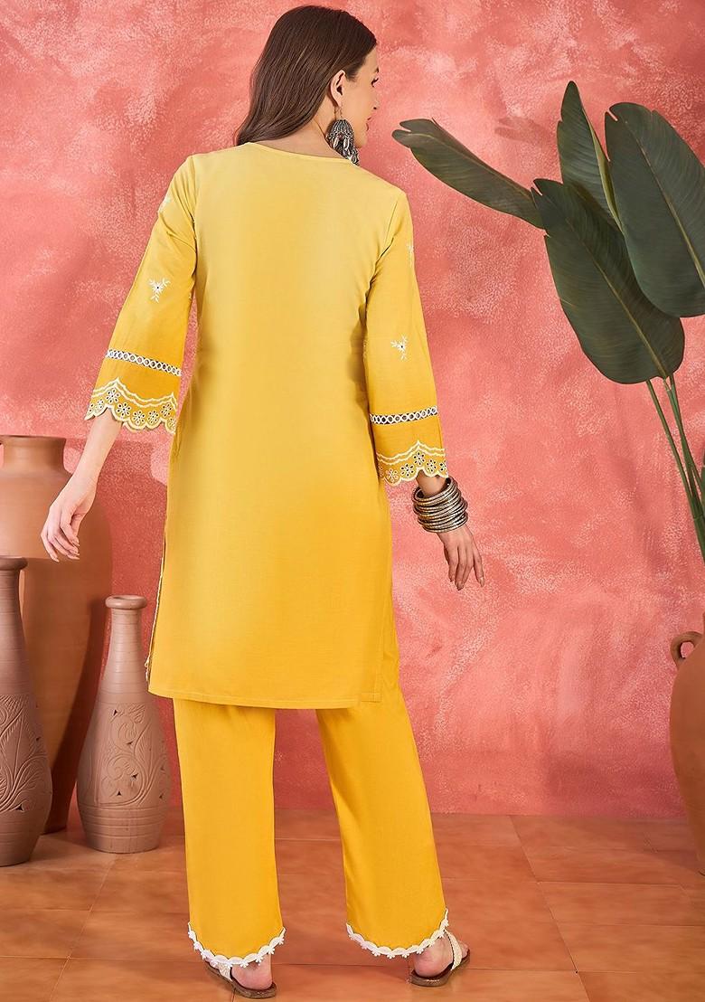 Yellow Embroidered Blended Kurta Set - Indya