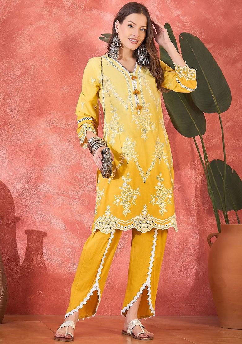 Yellow Embroidered Blended Kurta Set - Indya