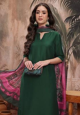 Green Solid Blended Kurta Set