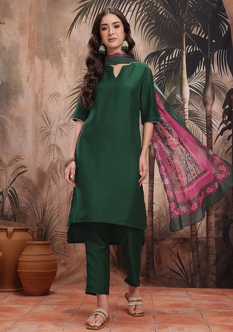 Green Solid Blended Kurta Set - Indya
