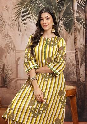 Olive Printed Blended Kurta Set