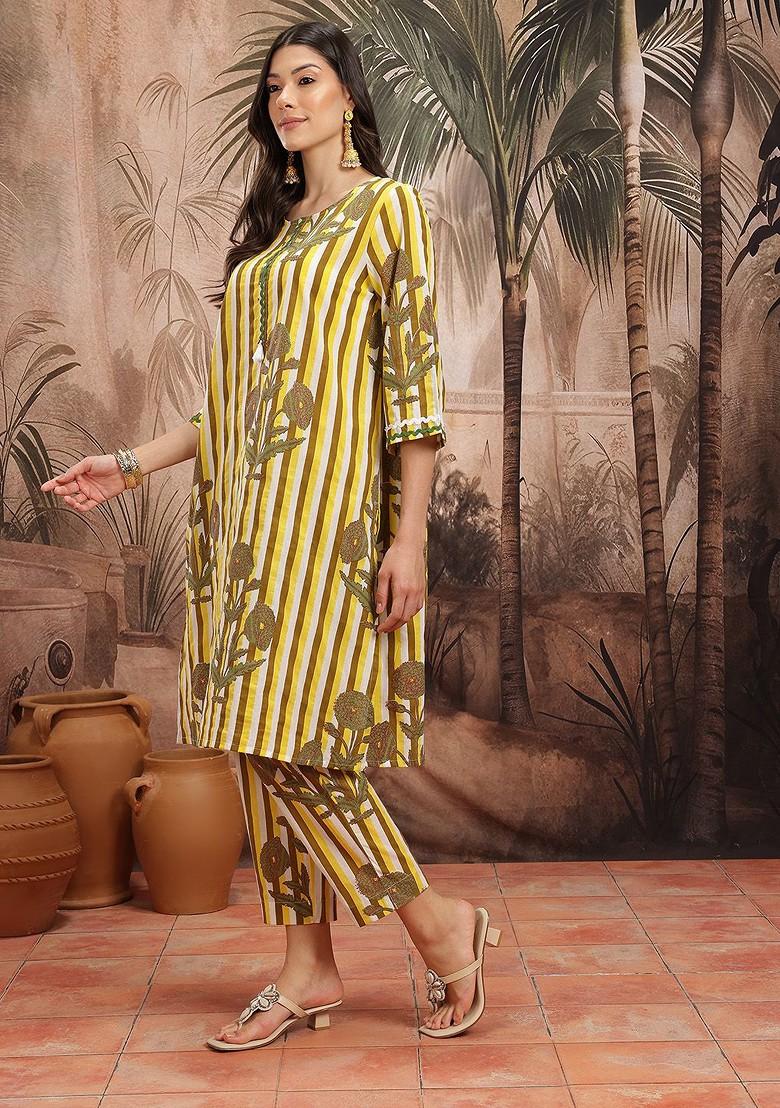 Olive Printed Blended Kurta Set - Indya