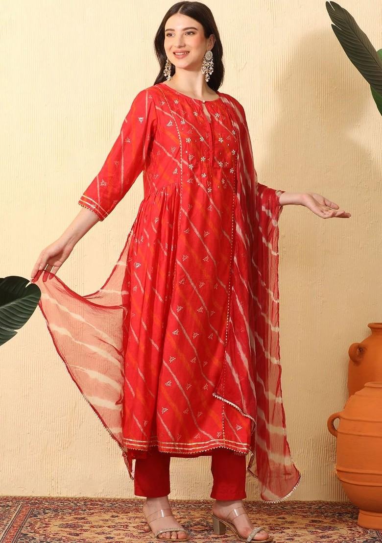 Red Printed Blended Kurta Set - Indya