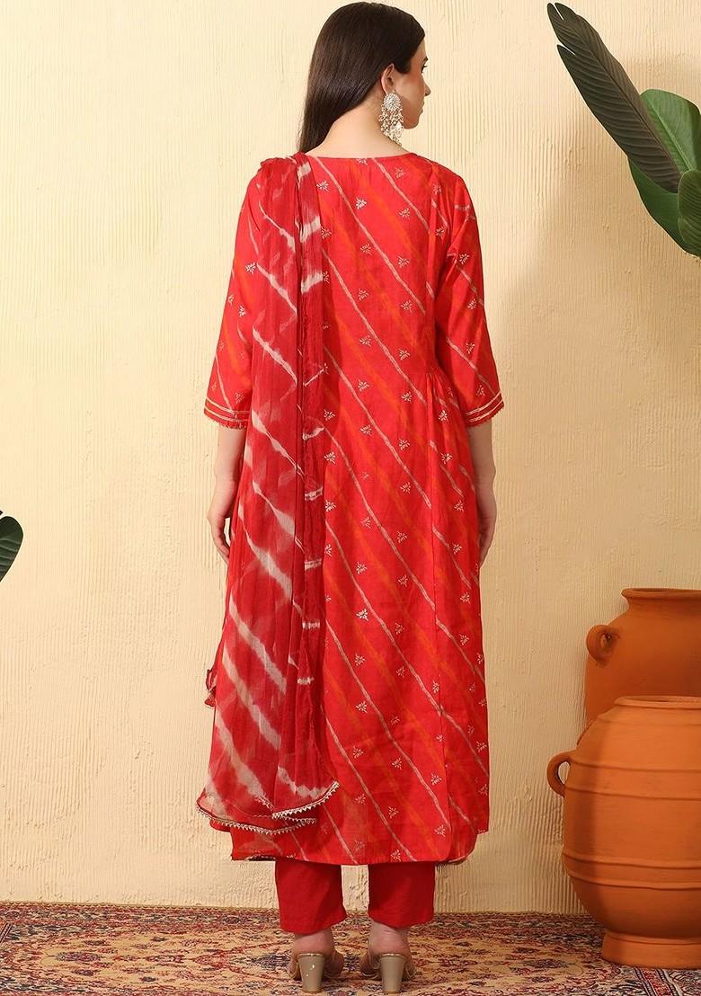 Red Printed Blended Kurta Set - Indya