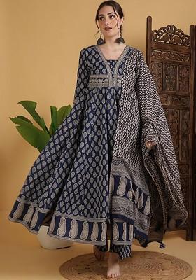 Blue Printed Blended Kurta Set