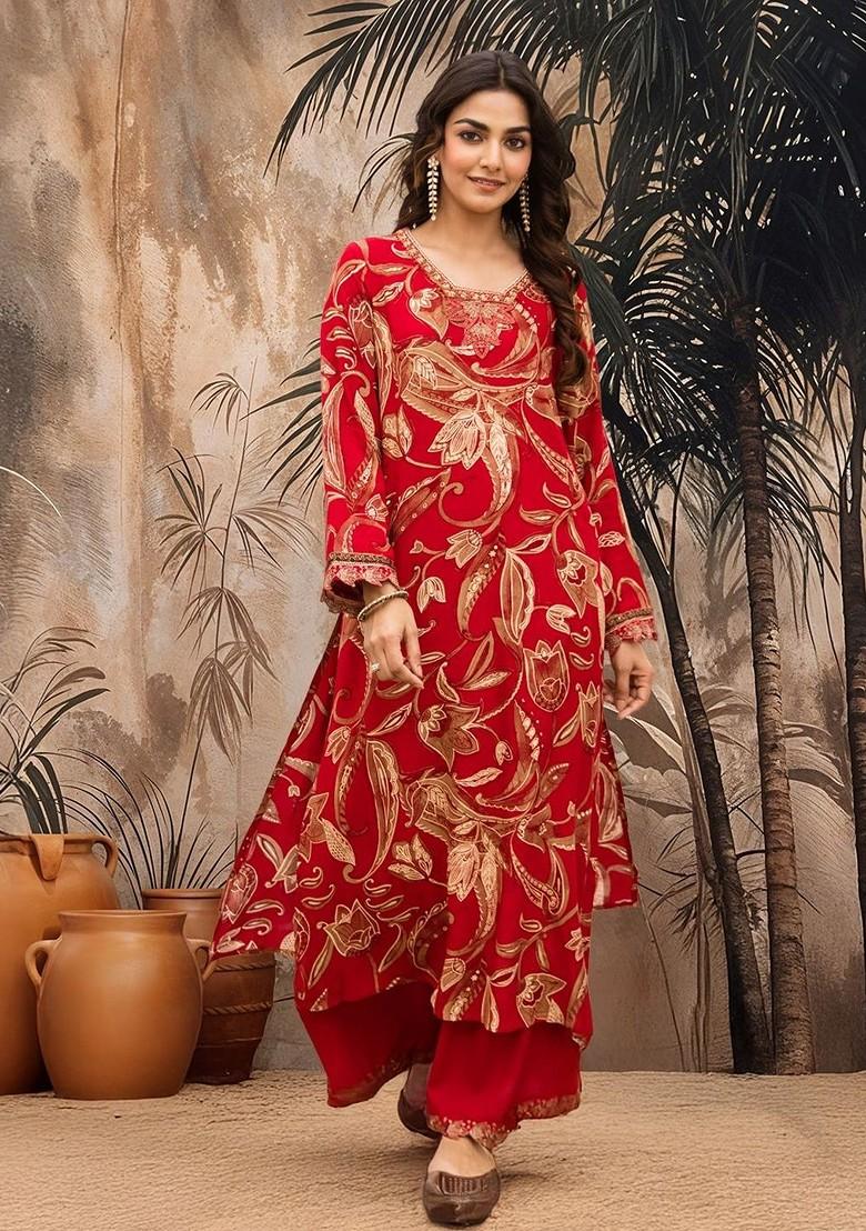 Red Printed Blended Kurta Set - Indya