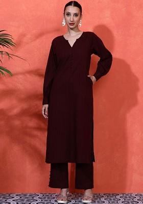 Maroon Self Design Blended Kurta Set