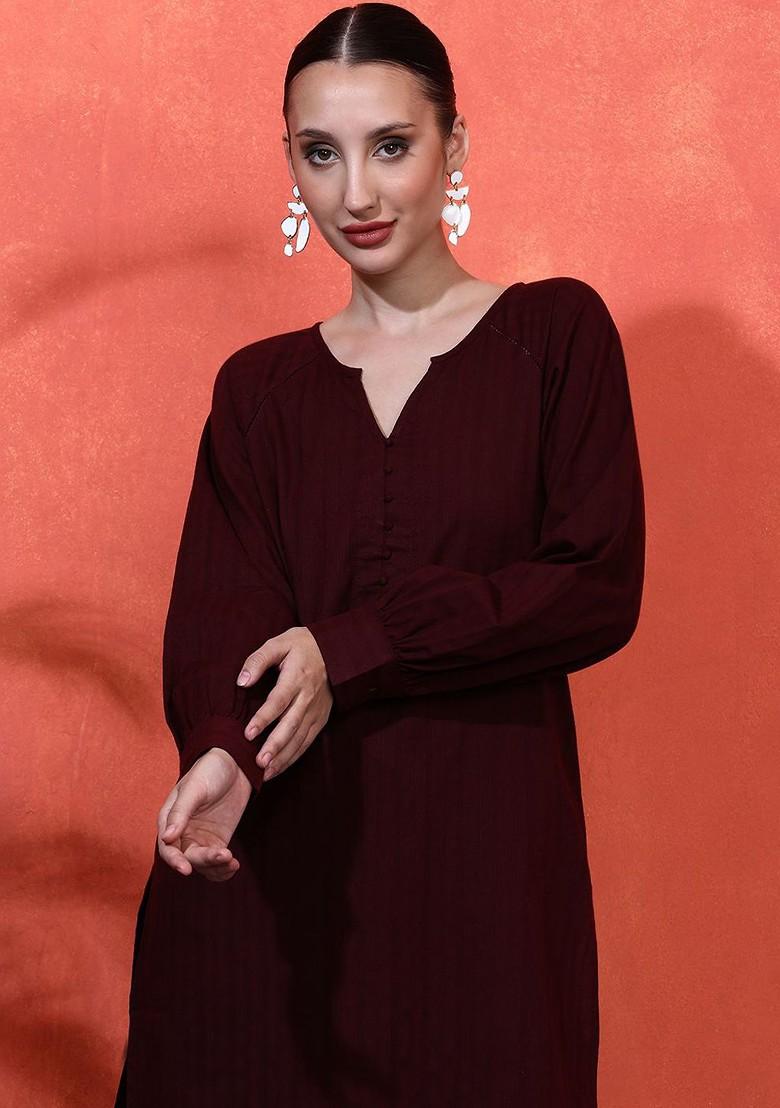 Maroon Self Design Blended Kurta Set - Indya