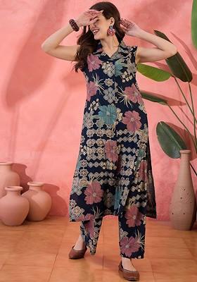 Navy Blue Printed Blended Kurta Set