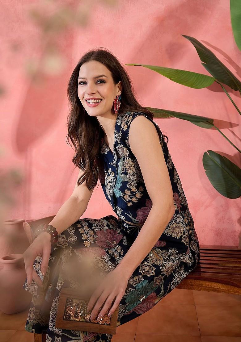 Navy Blue Printed Blended Kurta Set - Indya