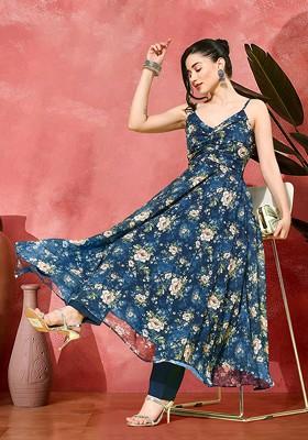 Teal Printed Blended Kurta Set