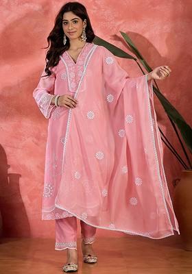 Pink Embroidered Blended Kurta Set