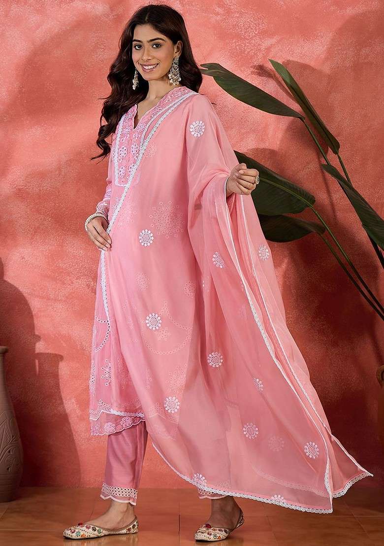 Pink Embroidered Blended Kurta Set - Indya