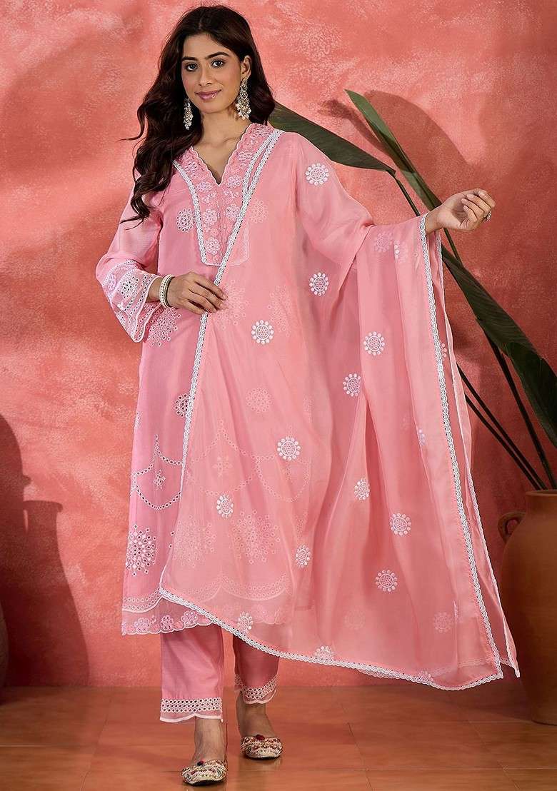 Pink Embroidered Blended Kurta Set - Indya