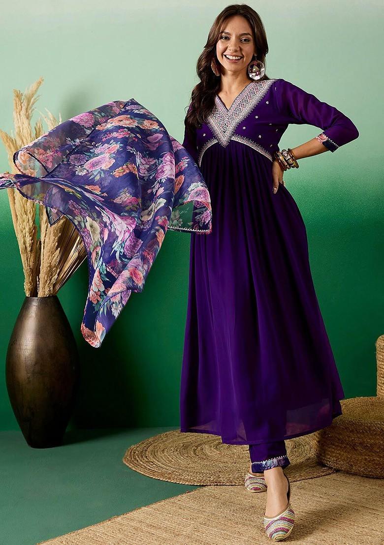 Purple Embroidered Blended Kurta Set - Indya