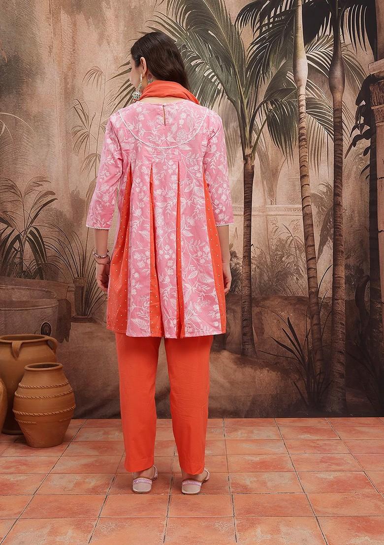 Pink Printed Blended Kurta Set - Indya