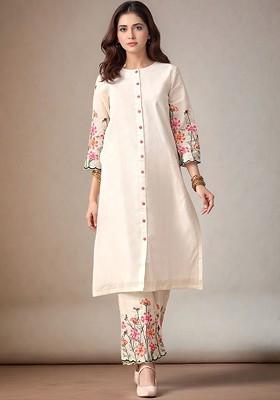 Off White Embroidered Blended Kurta Set