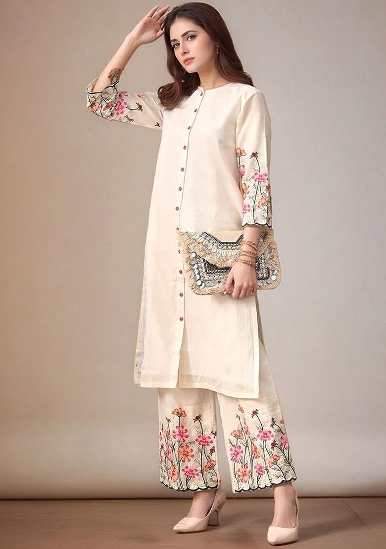 Off White Embroidered Blended Kurta Set - Indya