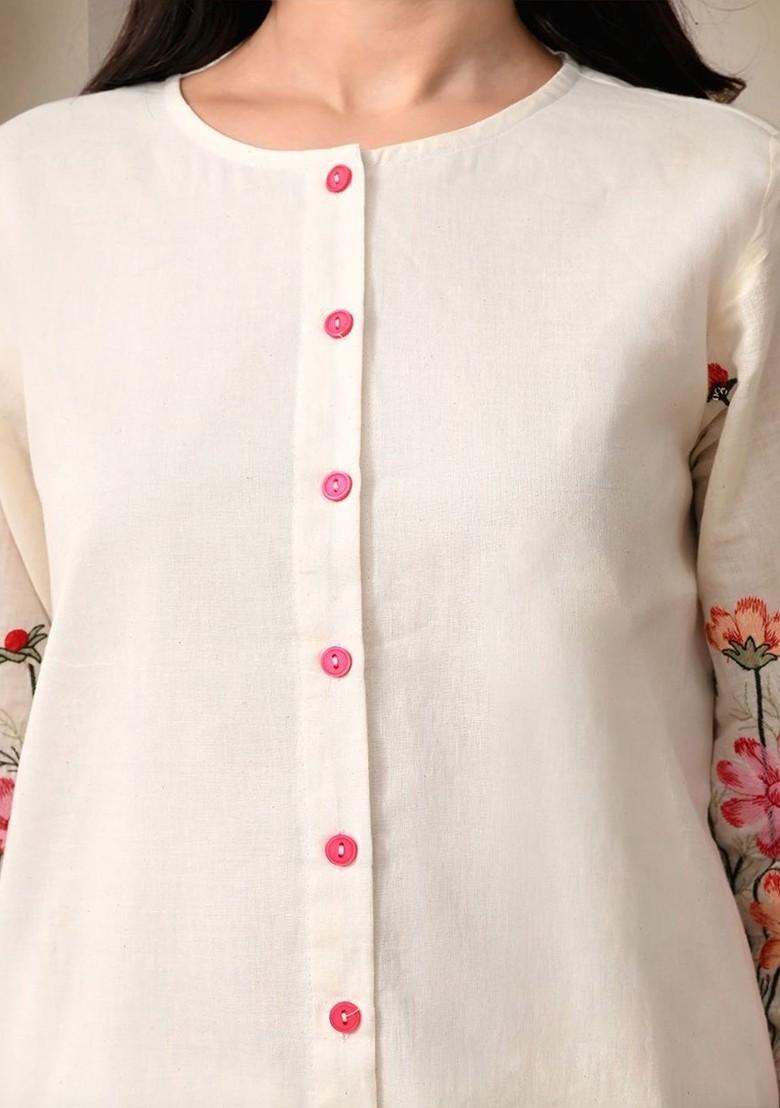 Off White Embroidered Blended Kurta Set - Indya