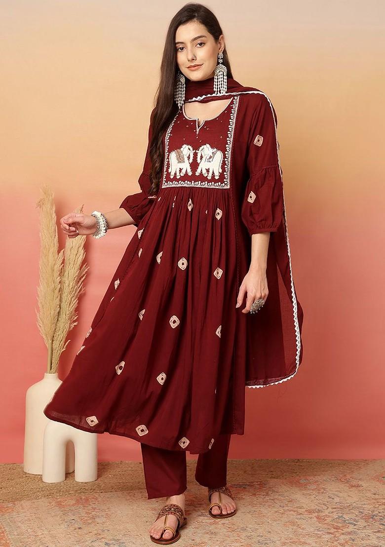 Maroon Embroidered Blended Kurta Set - Indya