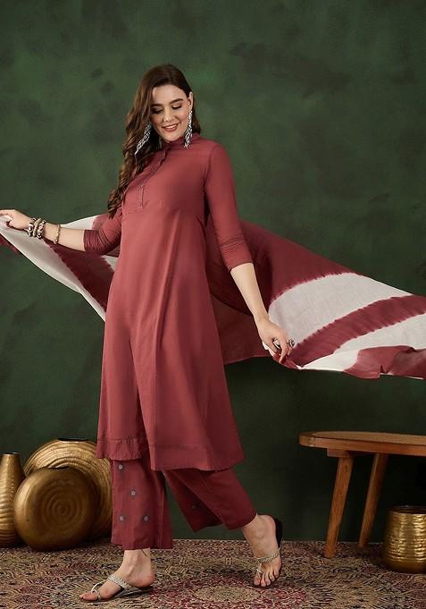 Brown Solid Blended Kurta Set