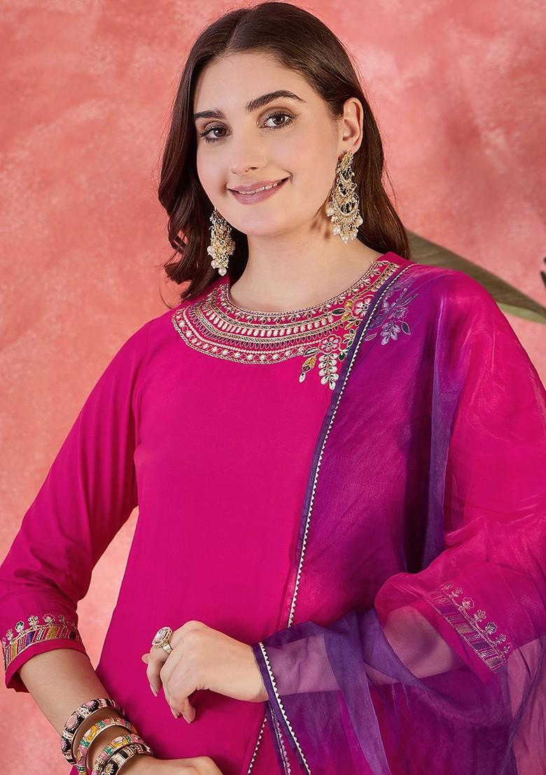 Pink Embroidered Blended Kurta Set - Indya
