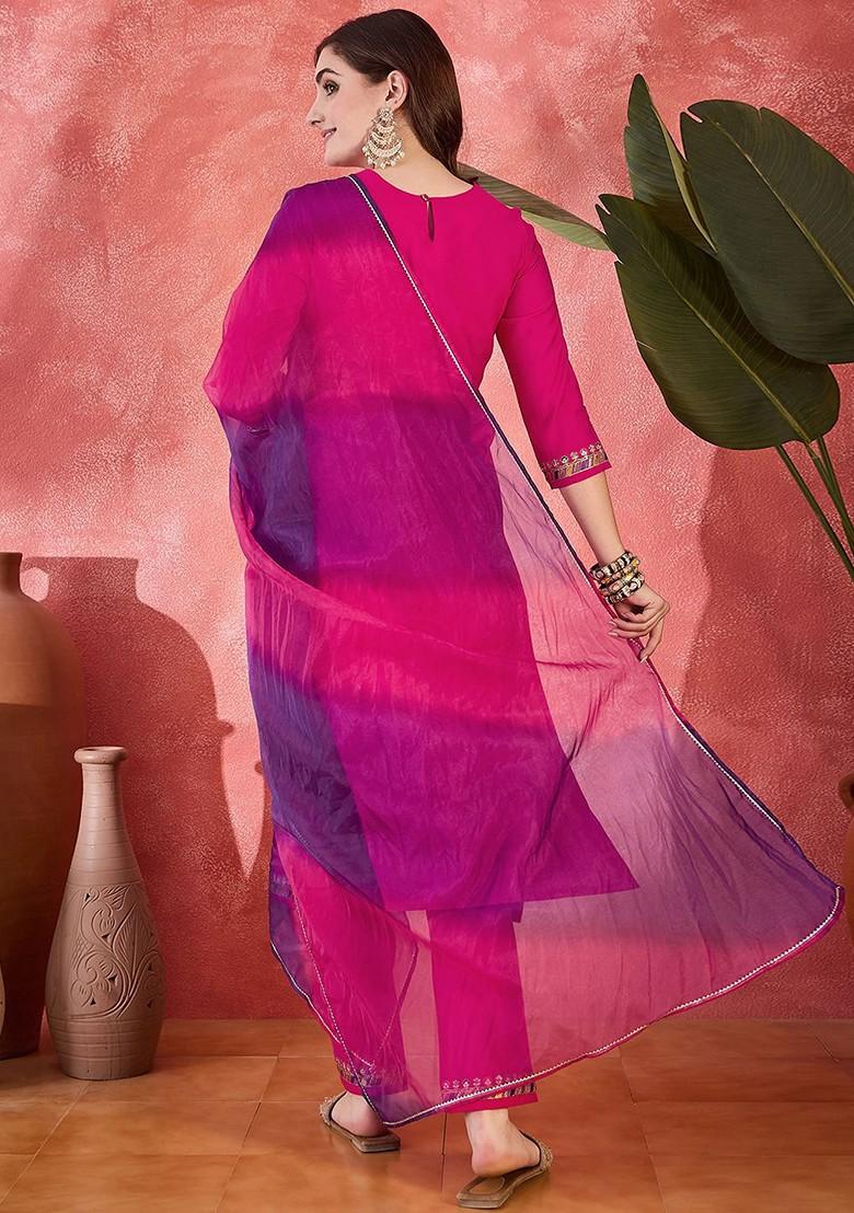 Pink Embroidered Blended Kurta Set - Indya
